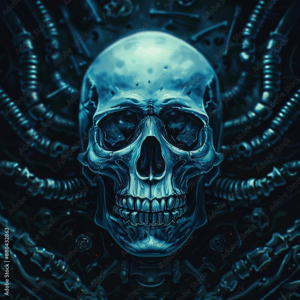 Skull in a dark environment, surrounded by bones, spectral glow, steampunk style, high detail Skull in a dark environment, surrounded by bones, spectral glow, steampunk style, high detail