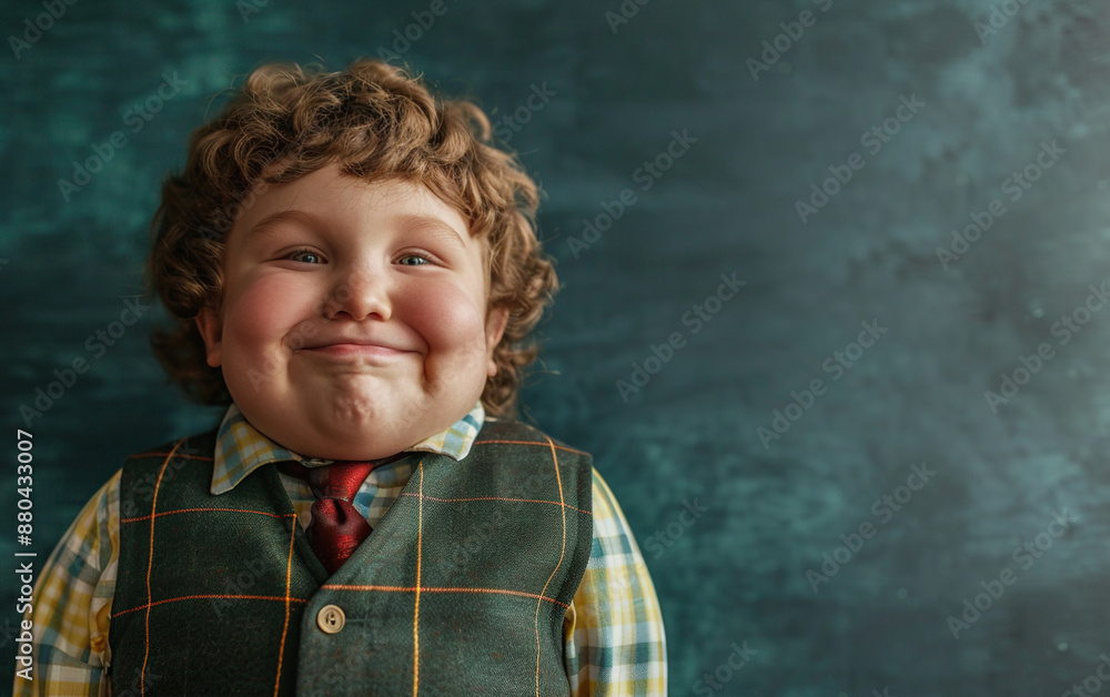 Chubby schoolboy in front of school blackboard in the classroom. Empty space to add text. Ai generative Chubby schoolboy in front of school blackboard in the classroom. Empty space to add text. Ai generative