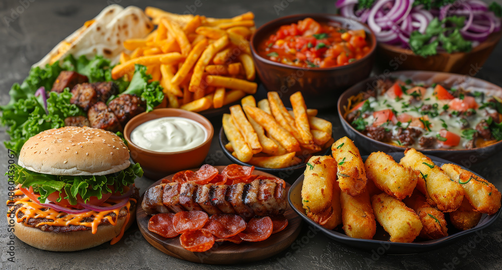 Variety of Appetizers and Snacks on Table. A table spread with a variety of appetizers and snacks, including a cheeseburger, french fries, grilled meat, and cheese sticks. Variety of Appetizers and Snacks on Table. A table spread with a variety of appetizers and snacks, including a cheeseburger, french fries, grilled meat, and cheese sticks.