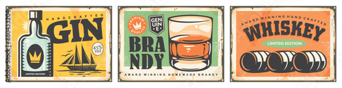 Cafe bar ads collection with alcoholic drinks signs and posters. Gin, brandy and whiskey retro signs. Drinks retro illustration.