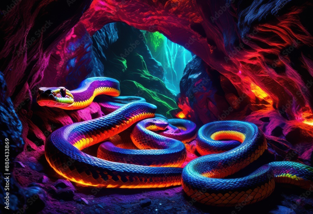 Obraz premium vivid neon cave sinister snake slithering through darkness, shadowy, eerie, glowing, serpentine, vibrant, dimly, menacing, reptile, faint, light, creepy