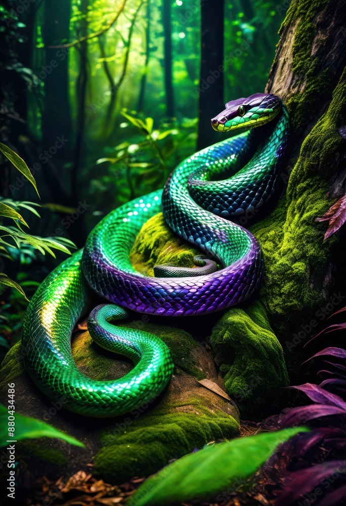 Fototapeta premium mystical forest serpent sunbathing enchanted boulder, snake, reptile, creature, woodland, wilderness, nature, wildlife, sunlight, rock, stone, bask, scale