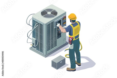 technician repairing HVAC , isometric, isolated white background
