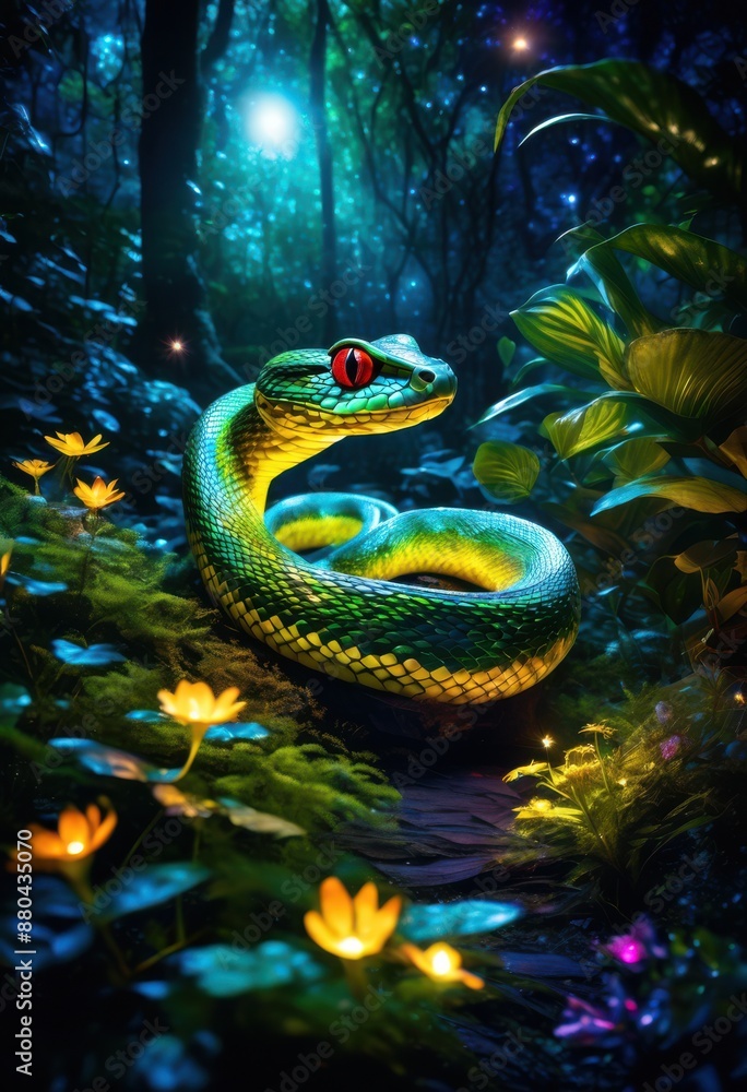Fototapeta premium enchanted forest serpentine creature basking magic glow, mystical, woodland, foliage, sunlight, shimmering, scales, radiant, wildlife, magical, sunlit, nature, lush
