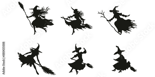 Set of witches riding broomsticks flying in the form of black silhouettes on a white background.