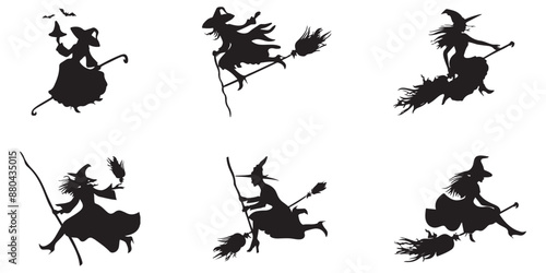 Set of witches riding broomsticks flying in the form of black silhouettes on a white background.