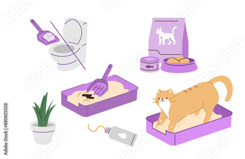 Cute domestic cat using litter box set. How to clean and disposal pet toilet waste concept. Vector illustration.