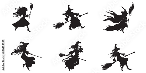 Set of witches riding broomsticks flying in the form of black silhouettes on a white background.