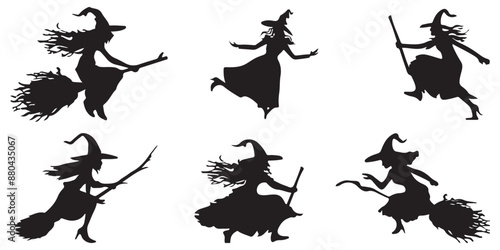 Set of witches riding broomsticks flying in the form of black silhouettes on a white background.
