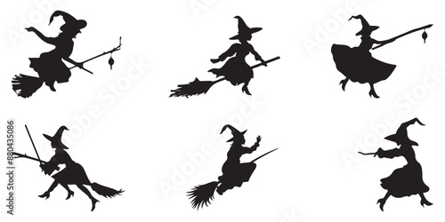 Set of witches riding broomsticks flying in the form of black silhouettes on a white background.