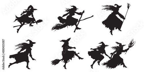 Set of witches riding broomsticks flying in the form of black silhouettes on a white background.