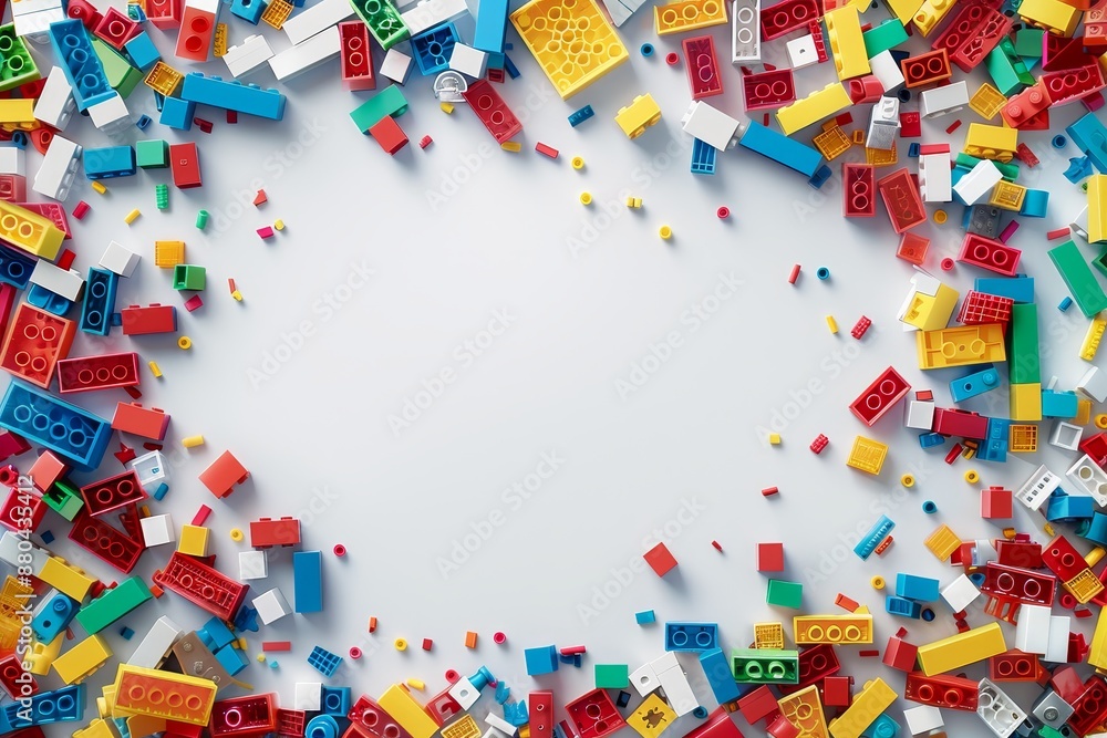 Fototapeta premium White background, white space in the center of picture. A pile of colorful Lego blocks scattered all over the place. The lego bricks of different shapes and sizes to show diversity