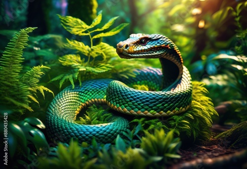 enchanted forest serpent amidst twisting herbs plants, foliage, nature, slithering, magical, mystical, coiled, wildlife, crawling, flora, lush, leaves, botanical