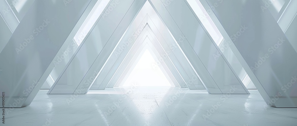 Three-dimensional rendering of an empty long light corridor with a futuristic sci-fi triangle tunnel in the background. Three-dimensional rendering of an empty long light corridor with a futuristic sci-fi triangle tunnel in the background.
