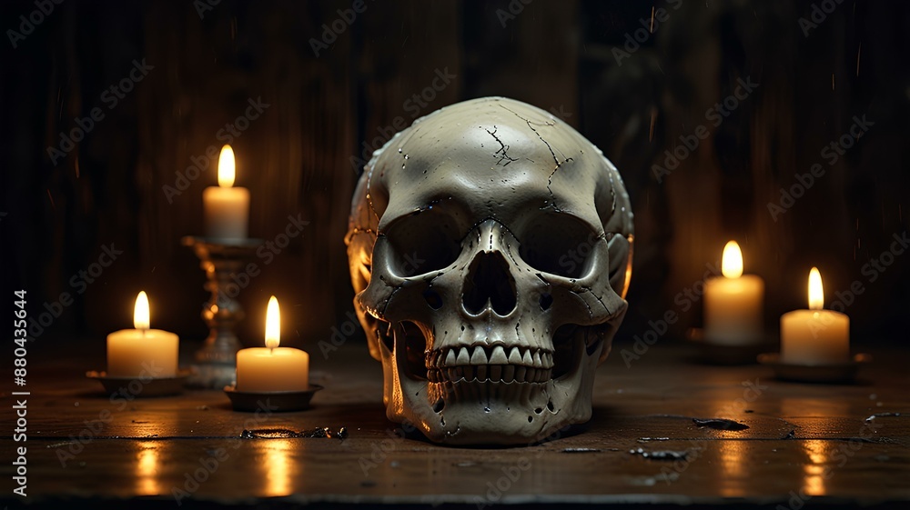 Skull Lying on an Old Wooden Table Surrounded by Lit Candles Skull Lying on an Old Wooden Table Surrounded by Lit Candles