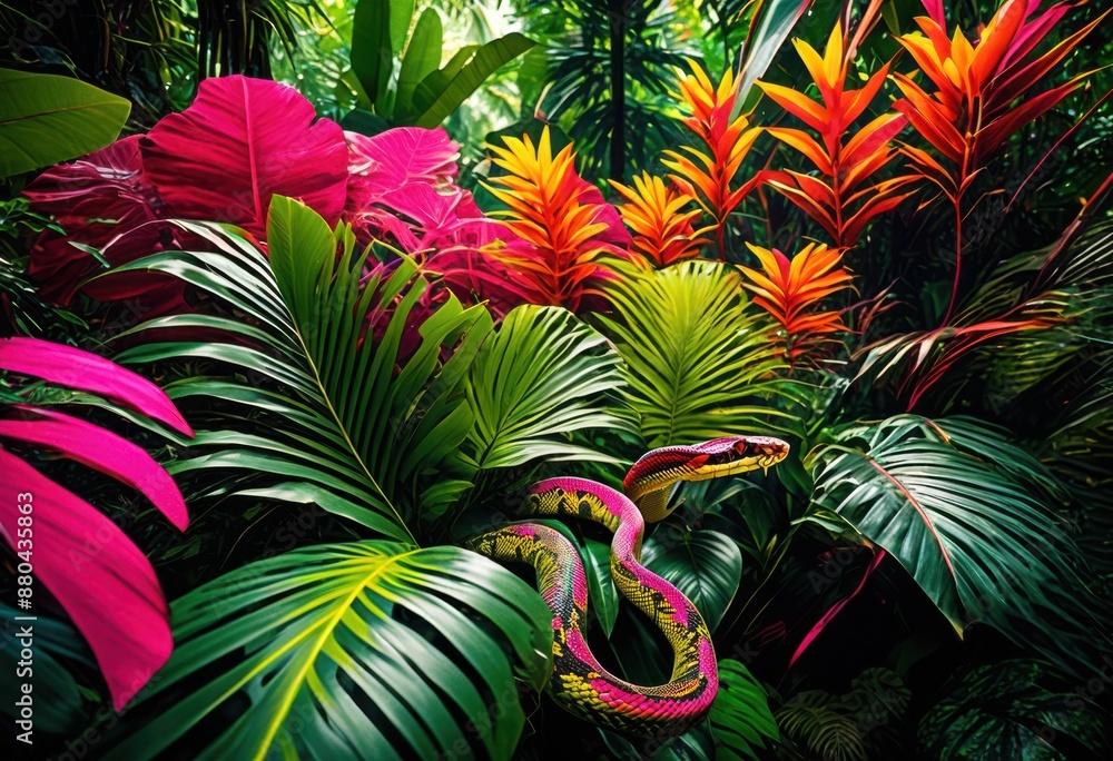Fototapeta premium colorful tropical foliage concealing snake nature, vibrant, lush, greenery, camouflaged, reptile, wildlife, exotic, leaves, hiding, serpent, green, plant, colors,