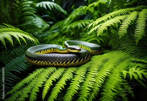 serpentine snake camouflaged lush ferns, reptile, slithering, hidden, dense, foliage, vegetation, greenery, vibrant, leaves, undergrowth, tropical, plants, creeping photo