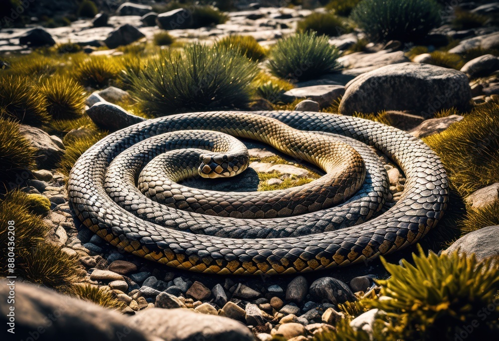 Obraz premium mystical stone circle enveloped sinuous serpentine coil ancient stones, snake, reptile, curves, winding, swirling, encircling, mysterious, curved, wrapping