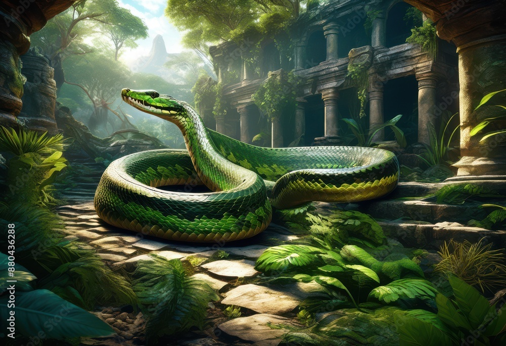 Fototapeta premium curious snake exploring mysterious ancient undergrowth, reptile, slithering, serpentine, scaly, crawling, wildlife, habitat, environment, wilderness, nature