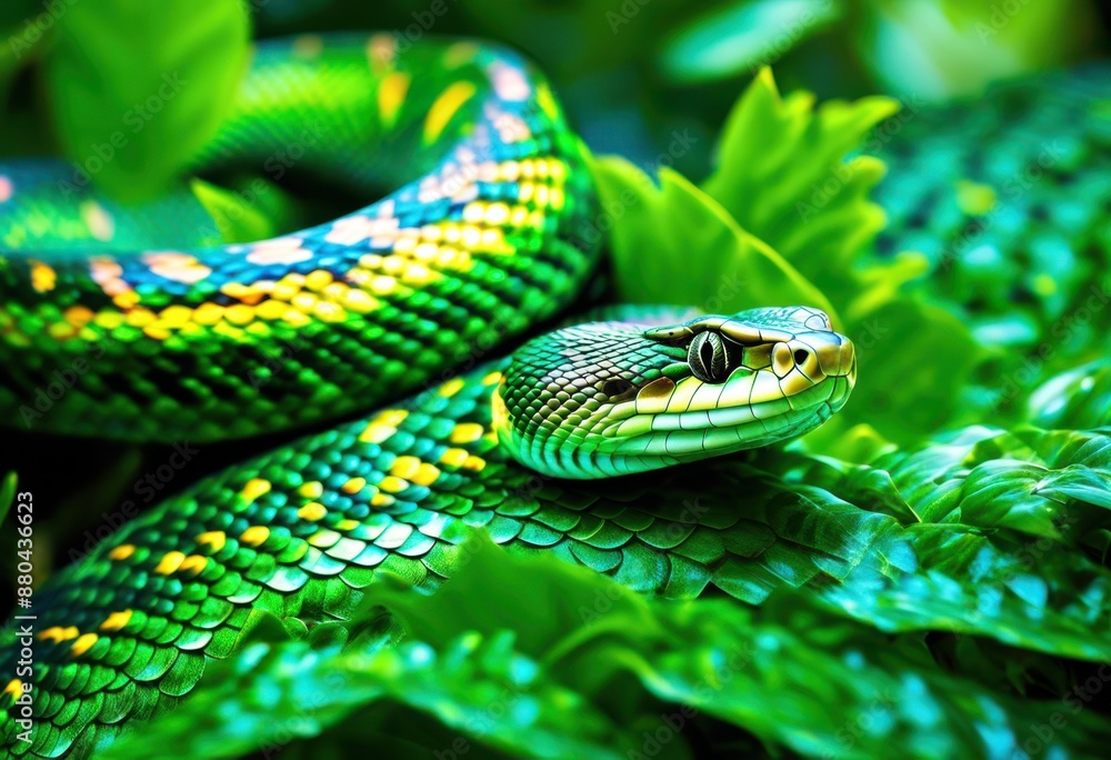 Fototapeta premium glistening snake scales amid lush green foliage, backdrop, reptile, nature, pattern, exotic, wildlife, tropical, shiny, texture, leaves, background, vibrant