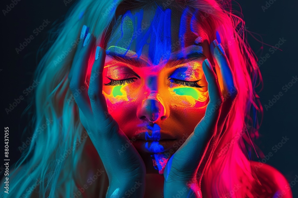 An ethnically patterned woman posed in ultraviolet light with neon makeup. Body art design of an ethnically patterned female posing in ultraviolet light. An ethnically patterned woman posed in ultraviolet light with neon makeup. Body art design of an ethnically patterned female posing in ultraviolet light.