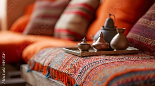 Colorful traditional cushions on a wooden bench, vibrant textile design.