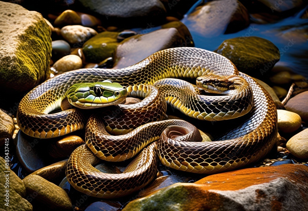 Obraz premium serpentine snake relaxing smooth river rocks reptile resting place nature scene, wildlife, habitat, stones, natural, basking, sun, colors, scales, animal