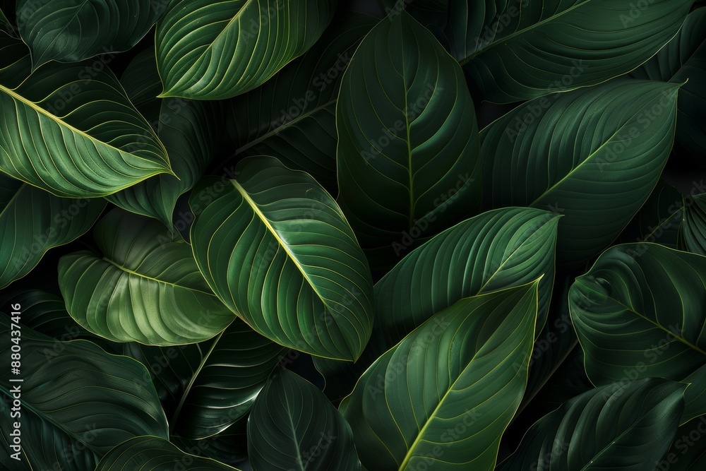 Obraz premium Spathiphyllum cannifolium leaves in a garden, abstract green texture, dark tone background, tropical leaf
