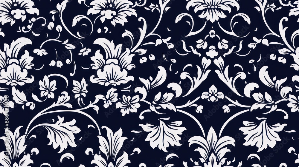 Fototapeta premium A blue and white floral pattern with a damask