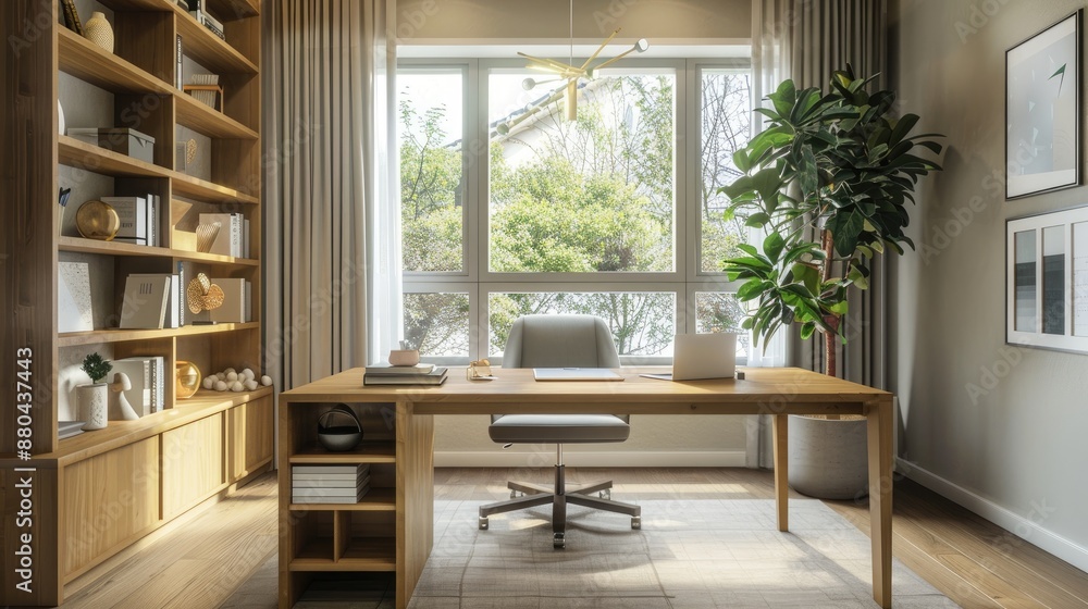 A chic home office with a wooden desk, a stylish office chair, a minimalist bookshelf, and a large window allowing natural light to flood the space. A chic home office with a wooden desk, a stylish office chair, a minimalist bookshelf, and a large window allowing natural light to flood the space.