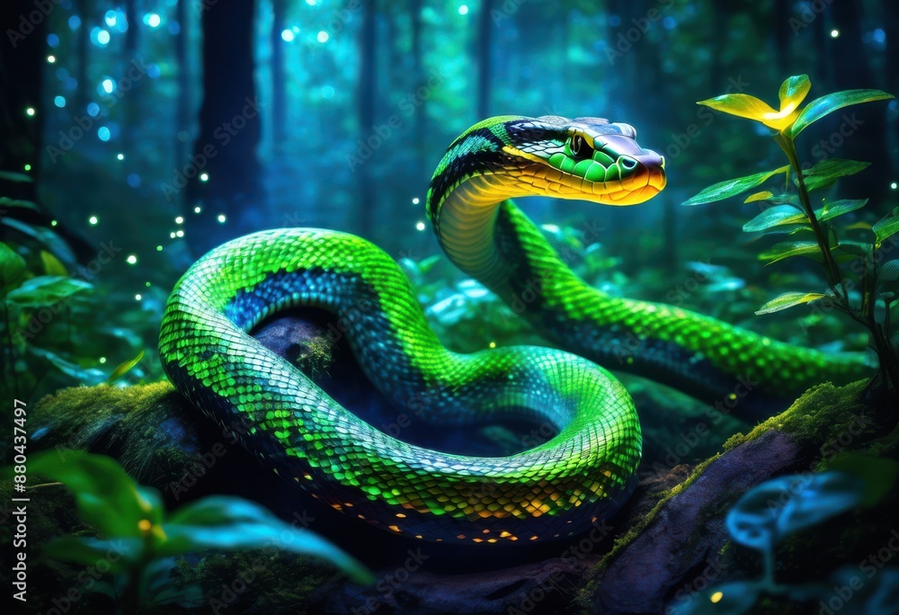 Fototapeta premium mystical glade serpent exploration enchanted forest, enchanting, magical, exploring, woods, woodland, creatures, mysterious, lush, fantasy, nature, adventure