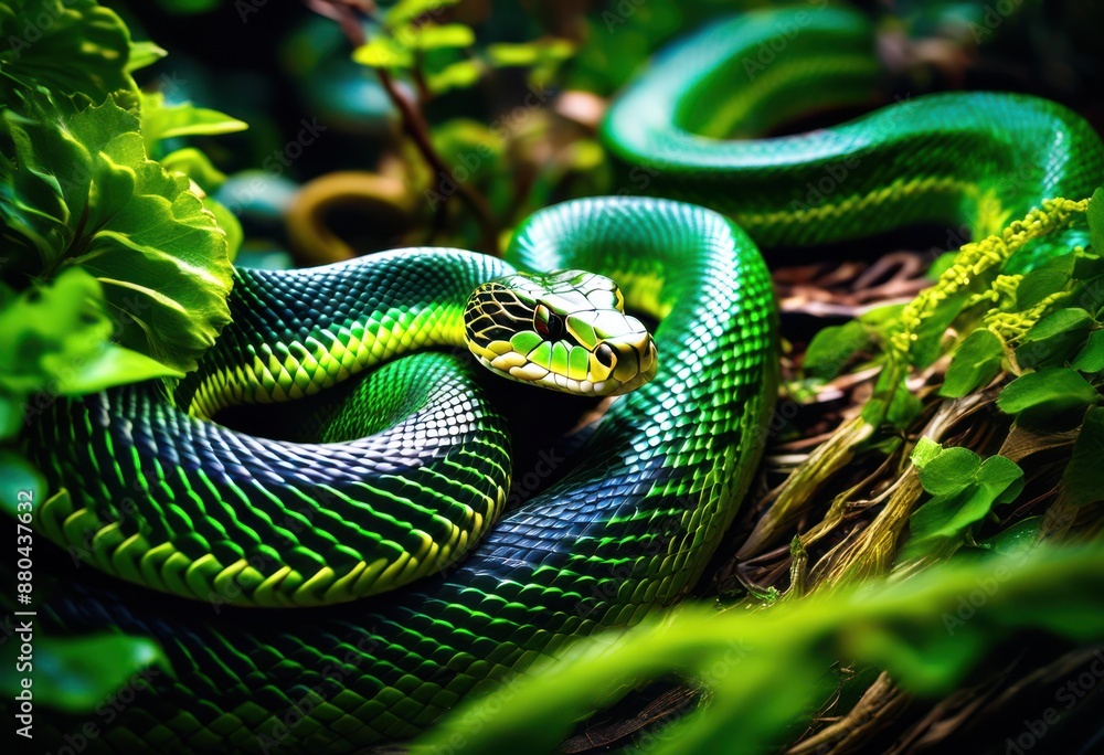 Fototapeta premium sinuous snake slithering through twisting vine maze, labyrinth, reptile, serpent, navigating, curving, winding, foliage, green, wildlife, nature, wild