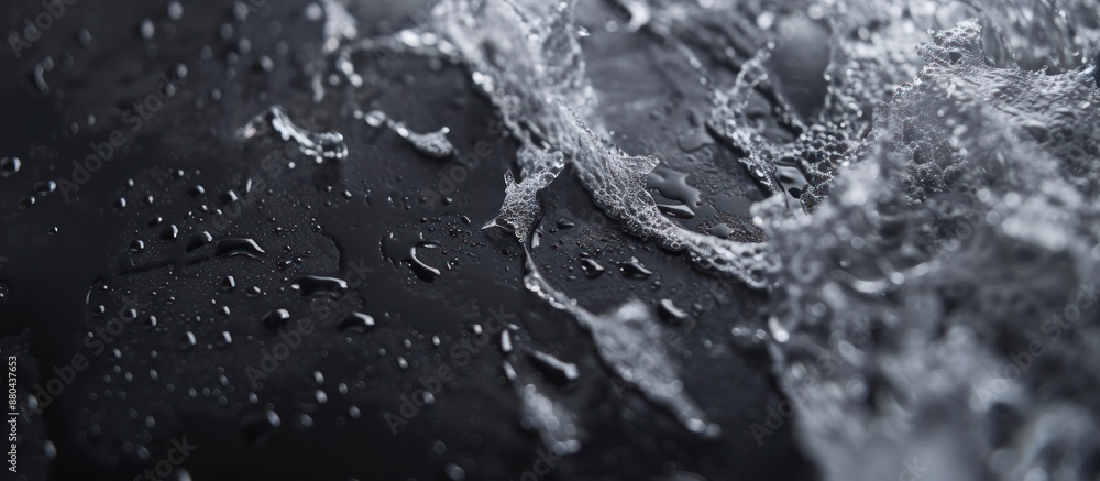 plastic bag tear in piece messy wet and water on black floor background. plastic bag tear in piece messy wet and water on black floor background.