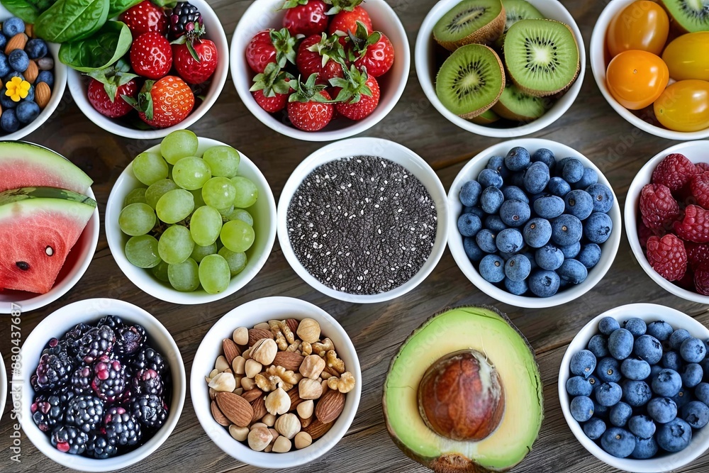Colorful Array of Fresh Fruits, Nuts, and Seeds on Wooden Background Representing Healthy Eating Practices for Weight Loss Colorful Array of Fresh Fruits, Nuts, and Seeds on Wooden Background Representing Healthy Eating Practices for Weight Loss