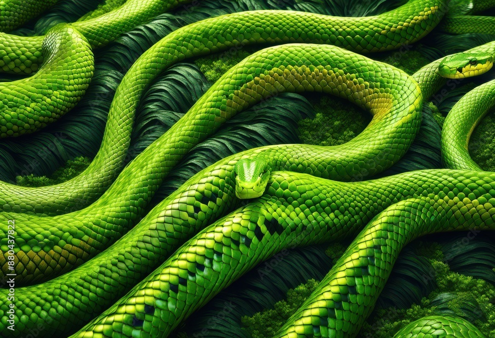 Obraz premium shimmering snake scales resting soft moss, texture, green, reptile, pattern, vibrant, contrast, wildlife, closeup, detail, colorful, background, exotic