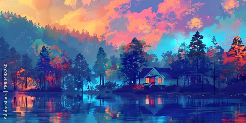Fototapeta premium Serene lofi-inspired lakeside cottage surrounded by a tranquil natural landscape. Relaxation and atmosphere concept