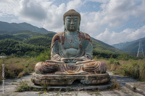 buddha statue in the temple in a forrest in the moutains photo