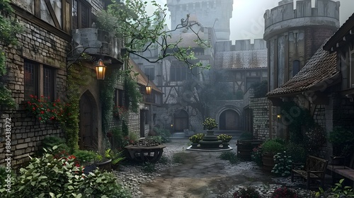 Captivating Digital Castle Courtyard with Futuristic Plant Life