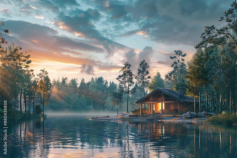 Fototapeta premium Serene lofi-inspired lakeside cottage tucked away in a lush natural setting. Relaxation and atmosphere concept