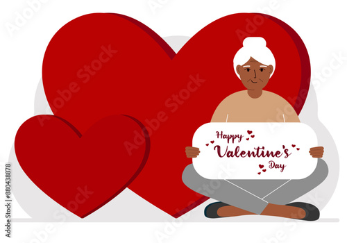 A woman holds a Happy Valentine's Day greeting against a background of red hearts. Vector flat illustration