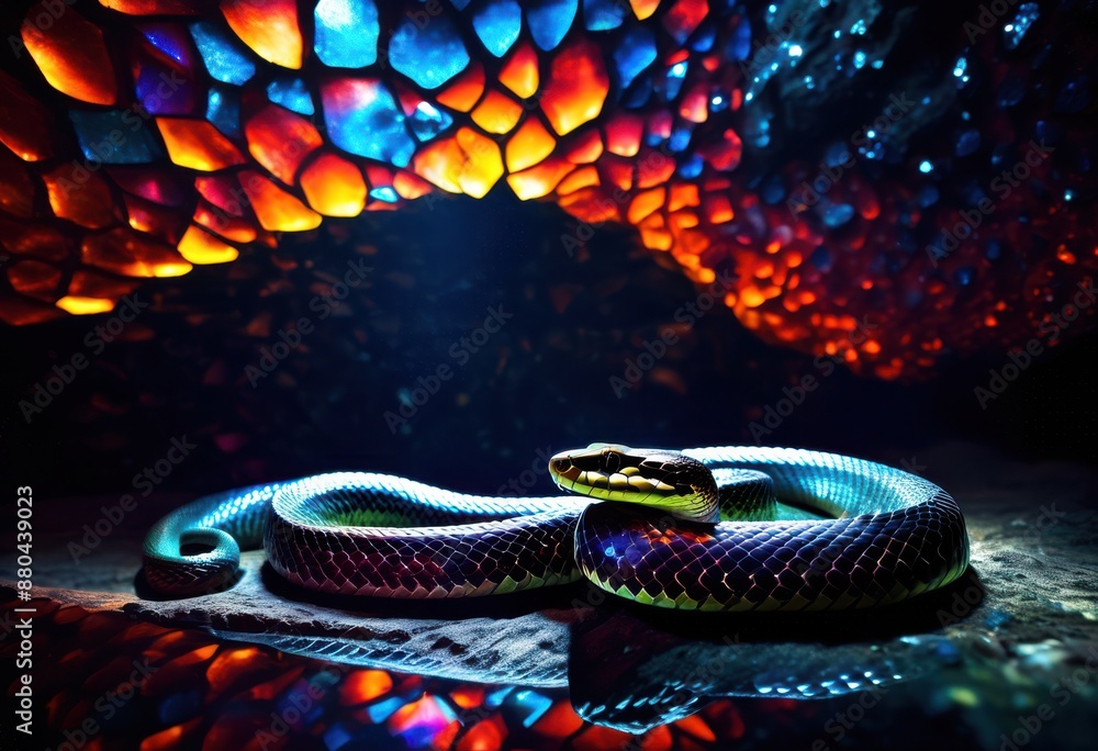 Obraz premium majestic snake silhouette glittering crystal serpent shadow shiny underground grotto, cave, reptile, gleaming, illuminated, cavern, glowing, dark, wildlife