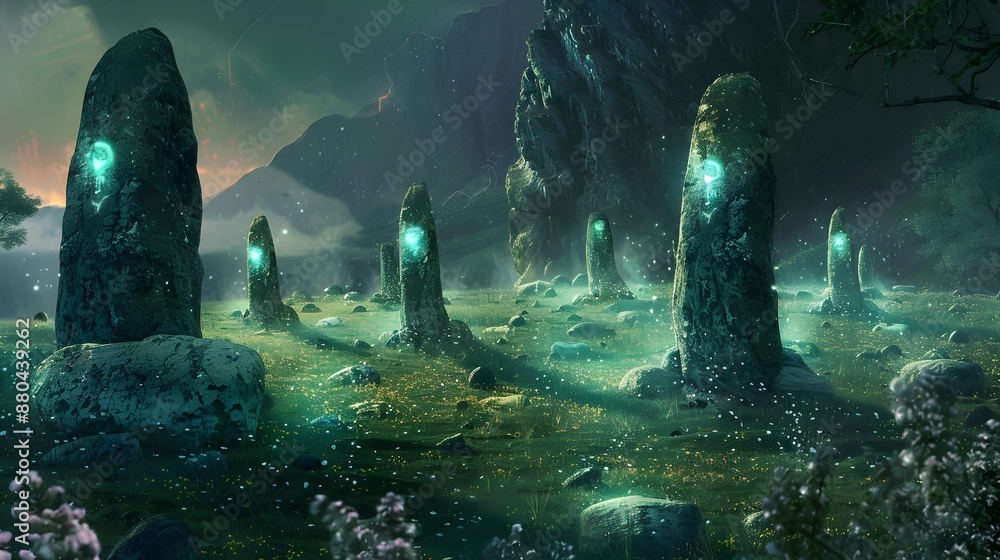 Mystical Celtic Burial Mound with Glowing Holographic Spirits in Surreal Alien Landscape Mystical Celtic Burial Mound with Glowing Holographic Spirits in Surreal Alien Landscape