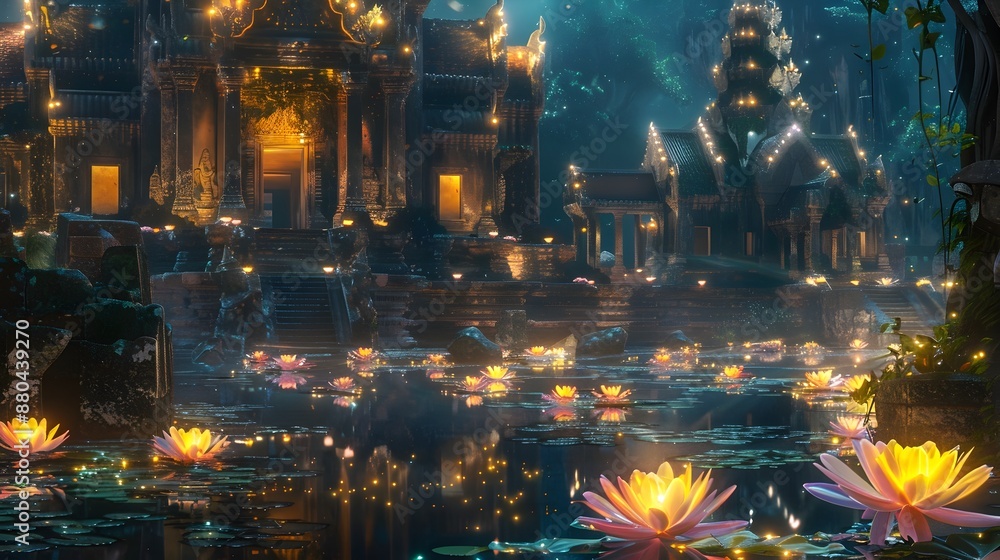 Obraz premium Mystical Cambodian Temple with Bioluminescent Lotuses and Enchanting Carvings