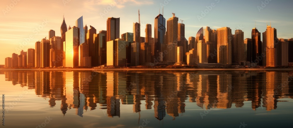 Fototapeta premium Dubai Skyline at Sunset with Reflections in Water