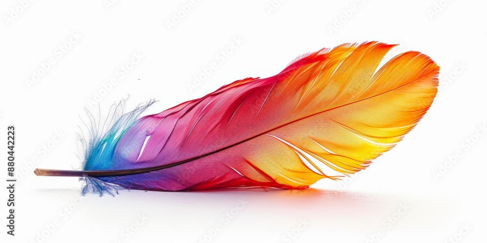 A vibrant, multicolored feather with shades of blue, orange, and red on a white background. A vibrant, multicolored feather with shades of blue, orange, and red on a white background.