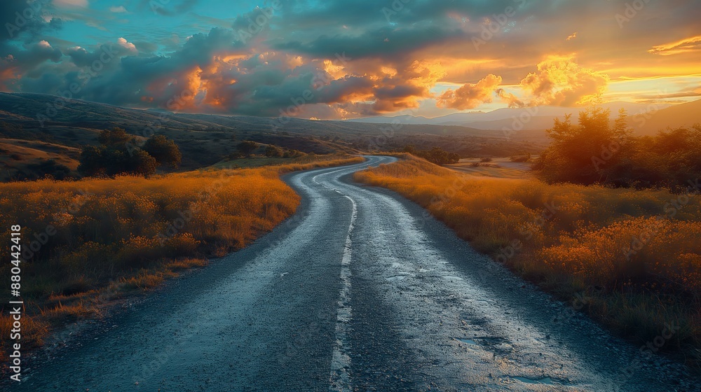 Winding Road at Sunset in a Rural Landscape Winding Road at Sunset in a Rural Landscape