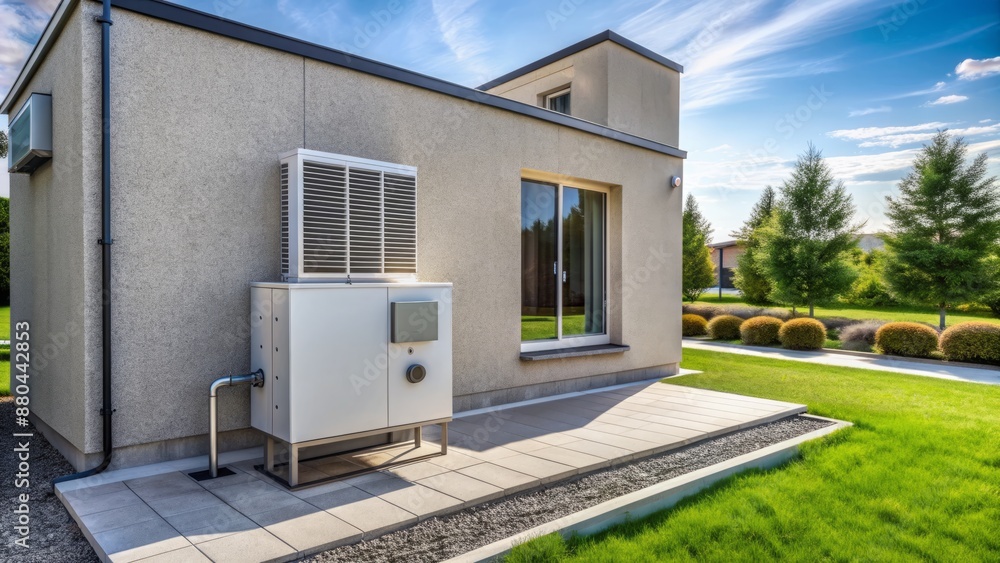 Fototapeta premium Outdoor unit of heating pump system installed on concrete slab beside exterior wall of modern suburban single-family house.