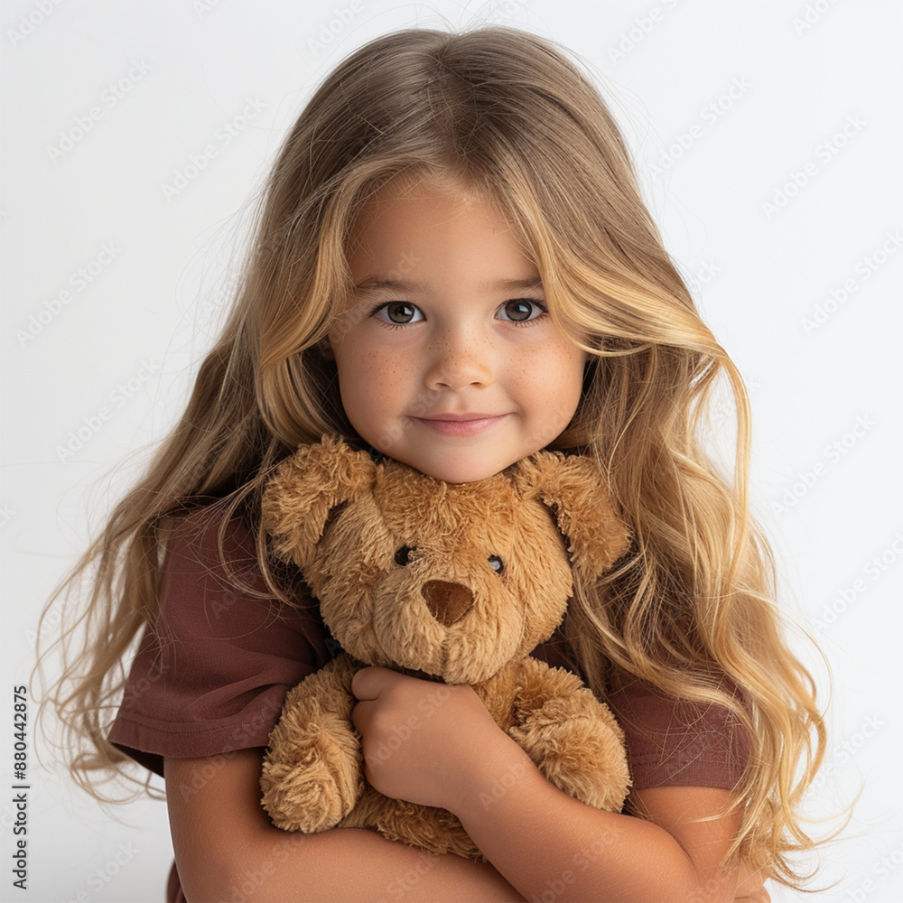 Happy child hugging teddy bear on white background caucasian little girl of 5-6 years in red looking at camera. Made with generative ai Happy child hugging teddy bear on white background caucasian little girl of 5-6 years in red looking at camera. Made with generative ai