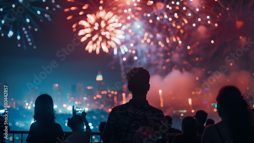 A group of friends watching fireworks by a lakeside, celebrating Independence Day. Ai generated © Kiron