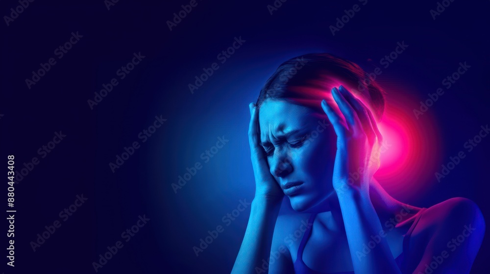 A woman on head pain a blue background with red light flash on a face illustrating healthcare and headache concept A woman on head pain a blue background with red light flash on a face illustrating healthcare and headache concept